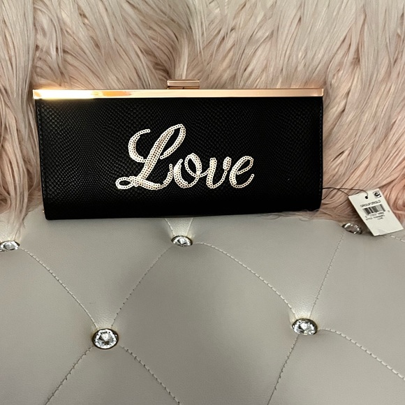 INC International Concepts Carolyn "Love" Black Sequin Clutch - Picture 13 of 15